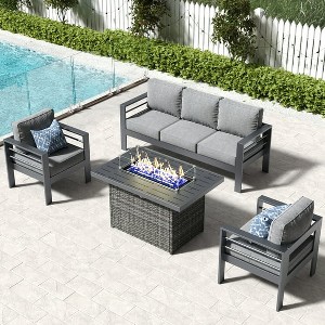 LayinSun Aluminum Furniture Set with Fire Pit Table, 4 Pieces Patio Sectional Conversation Chat Sofa Modern Seating Set - 1 of 4