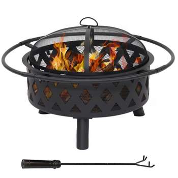 Sunnydaze Crossweave Heavy-Duty Steel Outdoor Fire Pit with Spark Screen, Poker, Grill, and Cover - Black
