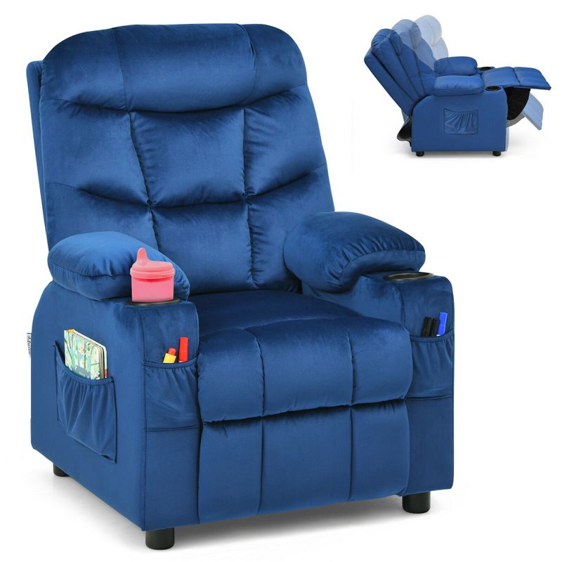 Costway Kids Youth Recliner Chair Velvet Fabric w/Cup Holder & Side Pocket Blue/Pink, 1 of 11