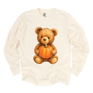 Watercolor Pumpkin Bear - Womens Garment Dyed Long Sleeve - 1 of 3