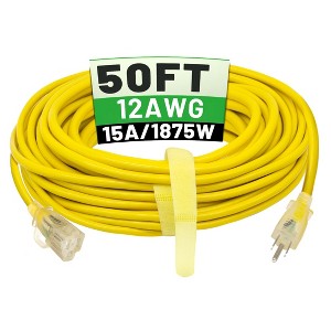 Itopfox 100ft Outdoor Extension Cord Waterproof Heavy Duty with Lighted End, 12 Gauge 3 Prong, Cold-Resistant Power Cord, 15Amp 1875W SJTW Yellow - 1 of 4