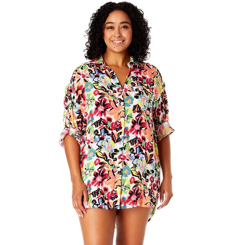 Anne Cole Plus Women s Plus Sun Blossom Button Down Shirt Swimsuit