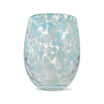 tagltd 16 oz. Confetti Glass Stemless Wine Drinkware Aqua Blue and White Dishwasher Safe Beverage Glassware  Dinner Party Wedding