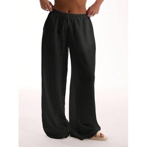 Womens Mid Rise Elastic Waist Wide Leg Pants Side Pocket Drawstring Casual Trousers - 1 of 3
