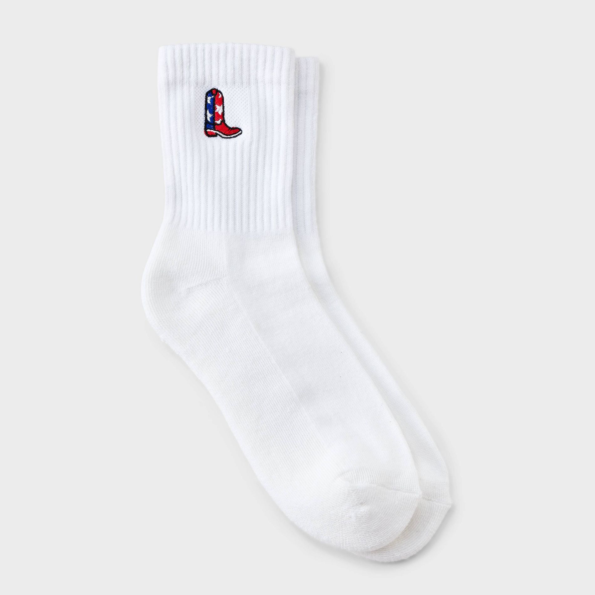 Women's Ribbed Cushioned Embroidered Boot Mid Crew Socks - White 4-10