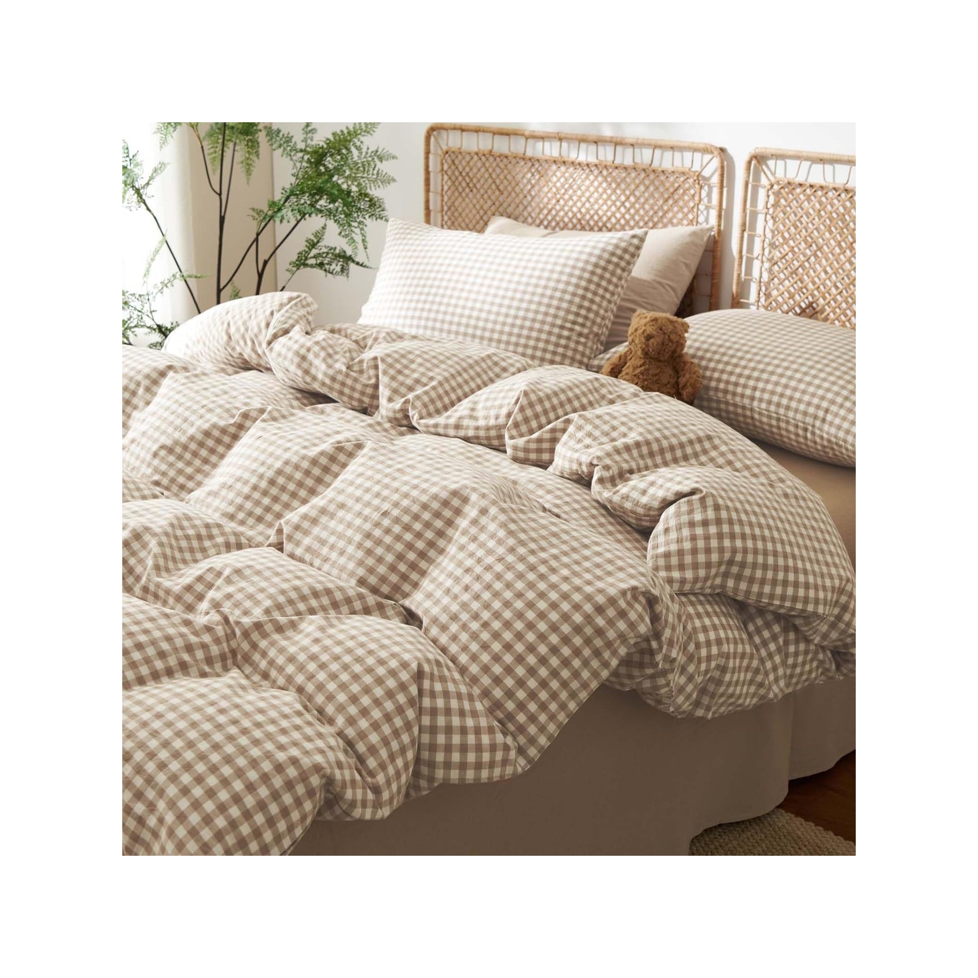 BALHAM TRADE-3 Pcs Queen Size Gingham Duvet Cover 100% Washed Cotton, Soft Brown Tan Plaid style Brown Gingham (No Comforter) Queen (90" x 90")
