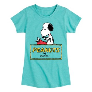 Girls' - Peanuts - Snoopy Typing Fitted Short Sleeve Graphic T-Shirt - 1 of 4