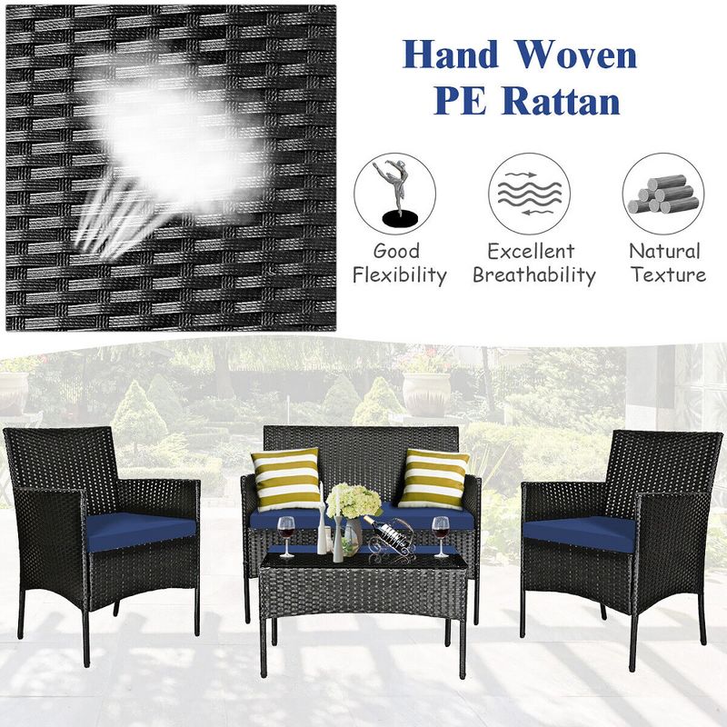 Tangkula 8PCS Outdoor Furniture Set Patio Rattan Conversation Set w/ Navy & Off White Cushion, 5 of 6