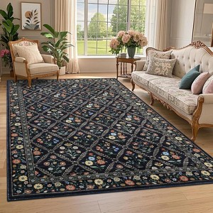 8x10 Navy Modern Foldable Area Rug, Vintage Striped Low Pile Non-Slip Carpet for Living Room & Bedroom, Washable Soft Rug - 1 of 4