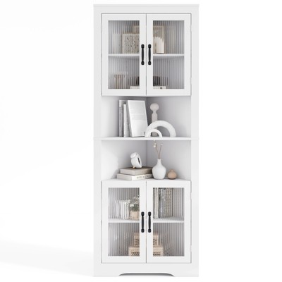 Tangkula 67'' Tall Corner Cabinet Space-saving Triangular Buffet Cabinet w/ 4 Tempered Glass Doors