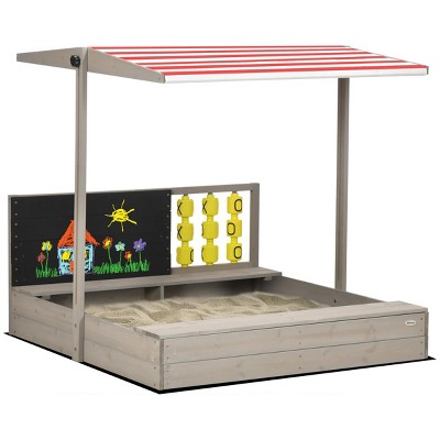 INFURNIC Baby Activity Gyms Wooden Sandbox with Adjustable Canopy and Bench for Outdoor Fun, Gray, 45"*44.5"*43.25"
