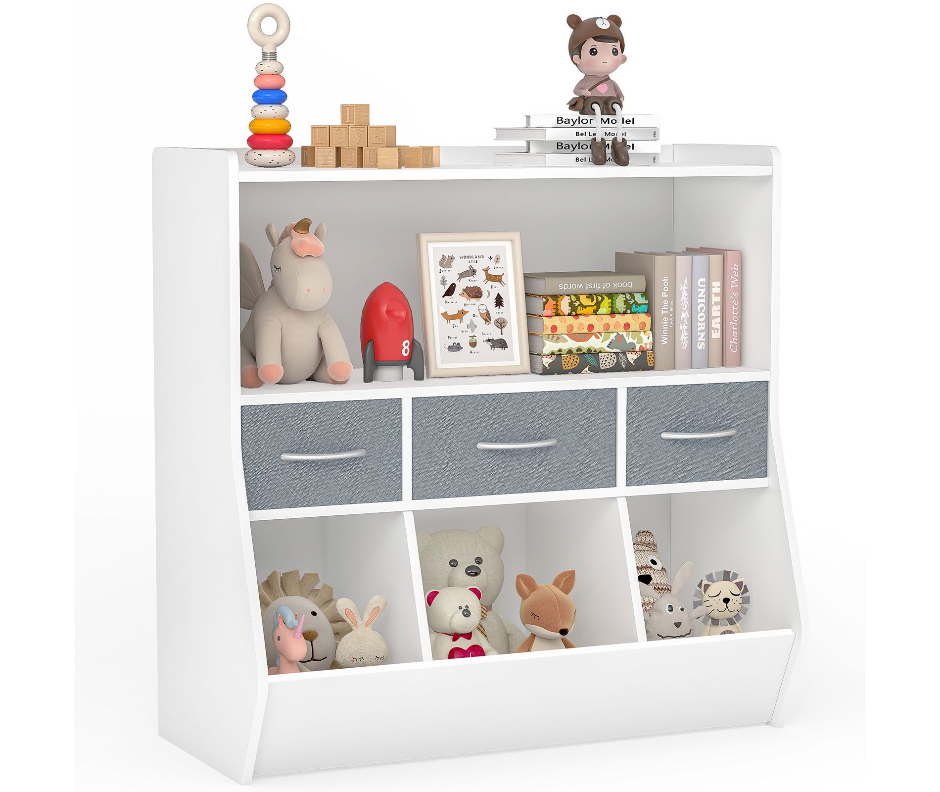 SUGIFT Kids Bookshelf Cube Organizer Shelf and Toy Storage with Fabric Bins Front-Facing Book Rack Wooden Organizer for Playroom Nursery