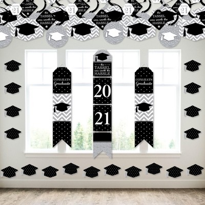 Big Dot of Happiness Tassel Worth The Hassle - Silver - Wall and Door Hanging Decor - 2021 Graduation Party Room Decoration Kit