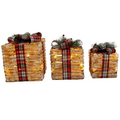 Holiday Living 3-Piece Freestanding LED Rattan Giftboxes Set 11", 9.5", 7.5"