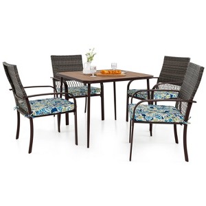 Tangkula 5 Pieces Patio Dining Set 4 Cushioned Rattan Armchairs & Square Table w/Wood-Plastic Tabletop & Umbrella Hole Outdoor Dining Table Set - 1 of 4
