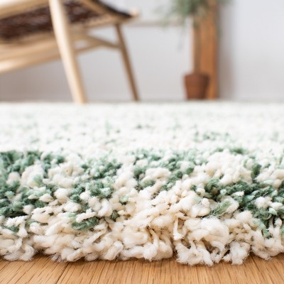Ivory and Green Round Shag Synthetic Area Rug