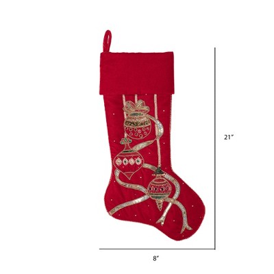 Red Velvet Christmas Stocking with Beaded Ornament Design