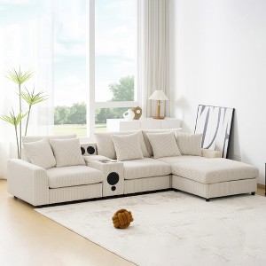 YOOCOZZ Corduroy Sectional Sofa with Bluetooth Speakers, Cup Holders, Hidden Storage, Charging Ports, Movable Ottoman - 1 of 4