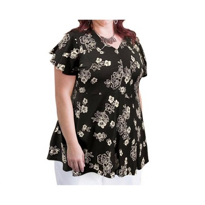 Women's Printed Short Sleeve Baby Doll Top - Plus - On The Plus Side