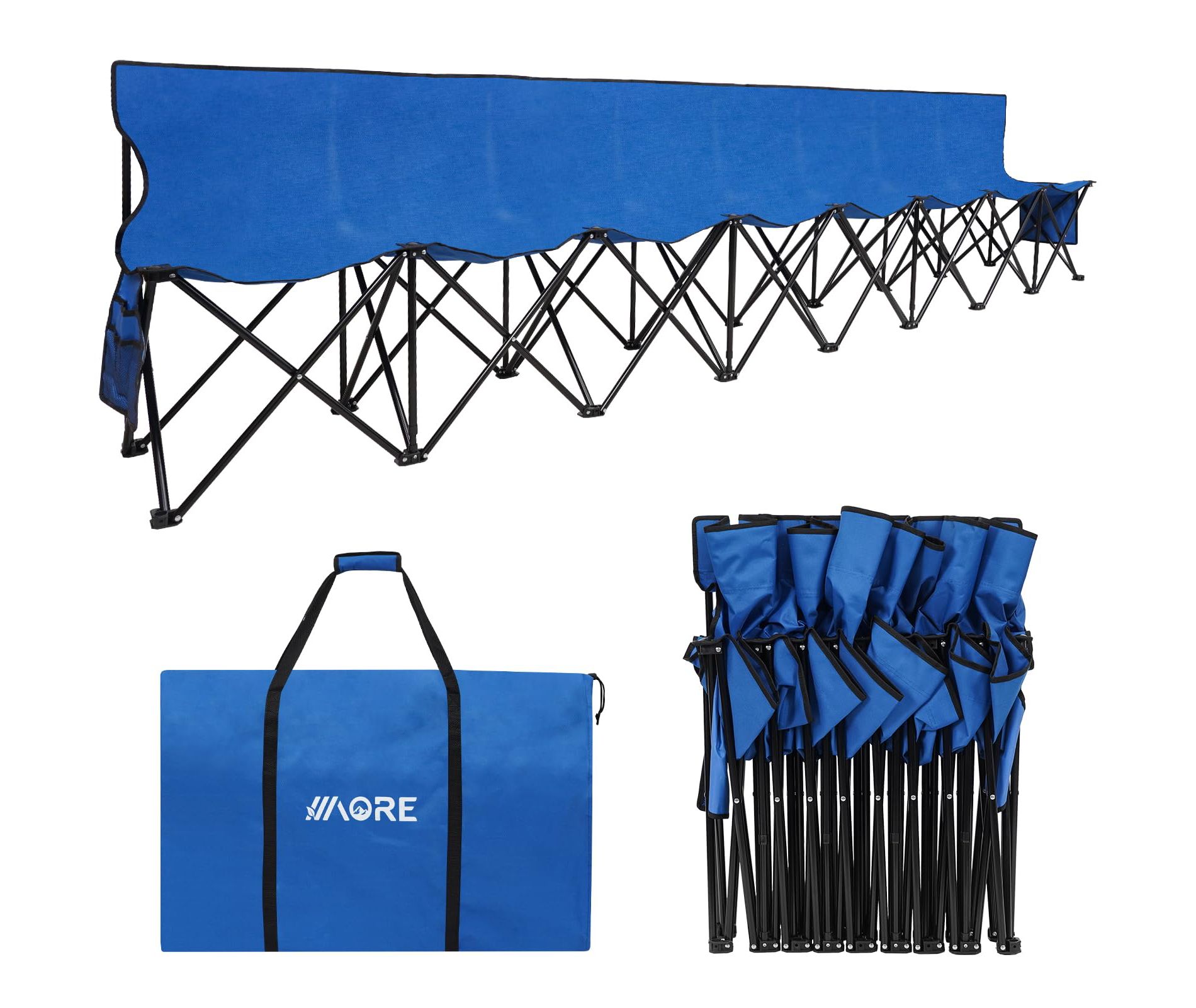 APRILSOUL Portable Folding Bench for Team, 6 Seats Outdoor Camping Chair with Carry Bag and Backrest, Team Sport Sideline Bench Blue