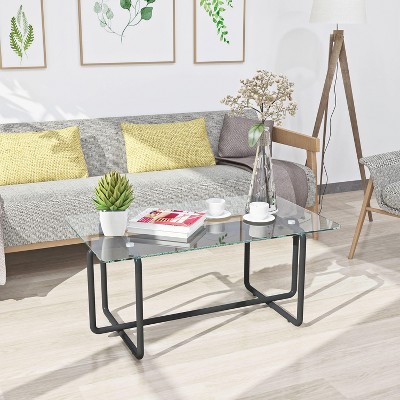 CAVINAS Coffee Tables for Living Room Modern Rectangle Coffee Table Clear Glass Tabletop Side Tables with Metal Leg