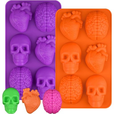 JDICTION Skull Brain Heart Silicone Mold 2 Pack Halloween Molds for Cake Chocolate Jelly Soap Resin Making