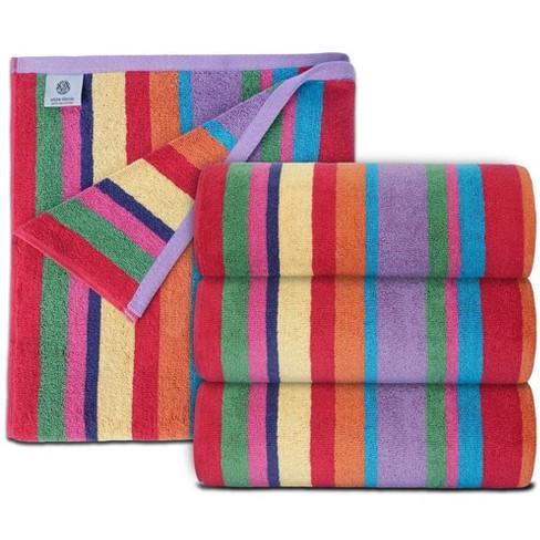 White Classic 100% Cotton Cabana Striped Oversized Beach Towels Set of 4 - 30x60 Rainbow - Multicolor