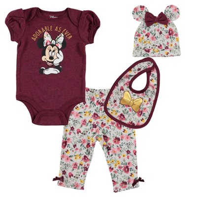 Mickey Mouse & Friends Minnie Mouse Baby Girls Bodysuit Pants Bib and Hat 4 Piece Outfit Set Newborn to Infant