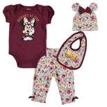 Disney Minnie Mouse Baby Girls Bodysuit Pants Bib and Hat 4 Piece Outfit Set Newborn to Infant 