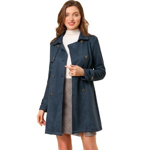 Allegra K Women's Notched Lapel Double Breasted Faux Suede Trench Coat with Belt - 1 of 4