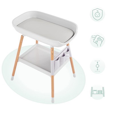 White and Beech Wood Diaper Changing Table with Storage