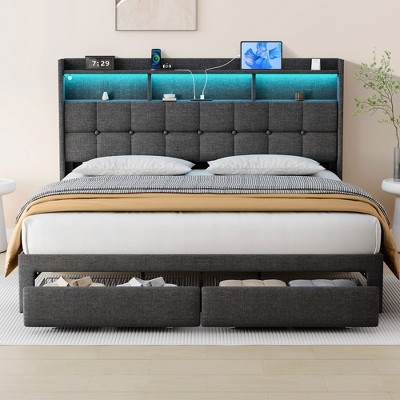 DOMETOUR King Bed Frame with Upholstered Headboard & 2 Drawers, LED Lights, Charging Station, No Box Spring, Dark Gray