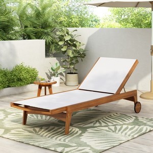 Christopher Knight Home Coloma Outdoor Mesh and Acacia Wood Armless Adjustable Chaise Lounge with Wheels - 1 of 4
