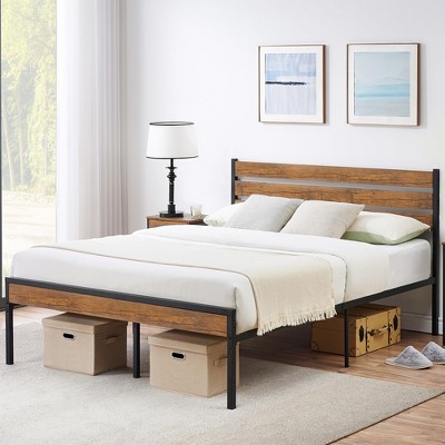 Bed Frame with Wood Headboard, Strong Wood Metal Slats Support with Under Bed Storage Space, Noise-Free, No Box Spring Needed