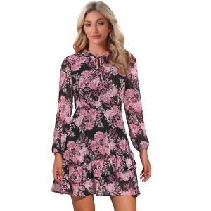 INSPIRE CHIC Women's Summer Floral Layered Tie V-Neck Semi-Sheer Long Sleeve Mini Dress - 1 of 4