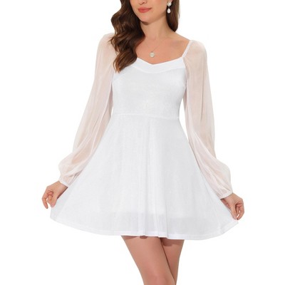 Allegra K Women's Sparkly Metallic Sweetheart Neck Semi Sheer Long Sleeve Mini Dress