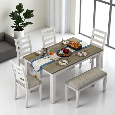 Rustic 6-Piece Dining Table Set with 4 Ergonomic Chairs & Bench, Solid Wood Distressed Farmhouse Design for Dining Room & Kitchen