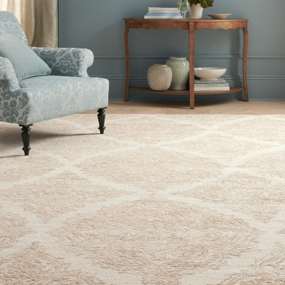 Ivory and Beige Hand Tufted Wool Damask Rug