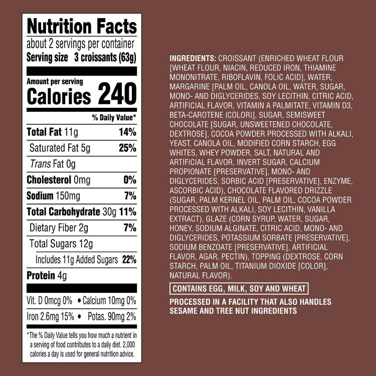 Nutrition label for croissants showing 240 calories per serving, with ingredients including enriched wheat flour, sugar, and semisweet chocolate, and allergens listed as egg, milk, soy, and wheat.
