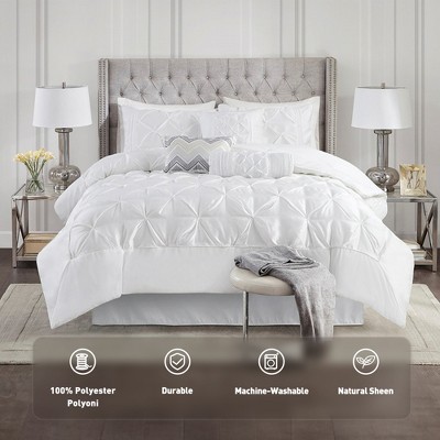 7 Pcs Faux Silk Bedding Set, Solid Color RIAB Royal Style Comforter Set, Tufted Dimensional Design Smooth Edge Comforter with Matching Pillow Cases