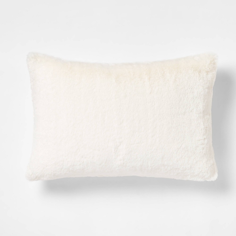 Photos - Pillow Faux Rabbit Fur Lumbar Throw  Cream - Threshold™