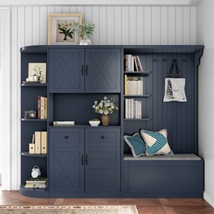 Multifunctional Left-Right Combination Hall Cabinet With Storage And 4 Hooks, Wooden Cabinet/Hall Tree 2 In 1, Storage Cabinet-Cuddlewood - 1 of 4