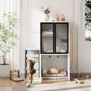 Double-Layer Litter Box Enclosure with Platform,Modern Burlywood Cat Cabinet,Ladder,Hammock,Metal Mesh Door,Hidden Furniture Indoor Cat House - 1 of 4