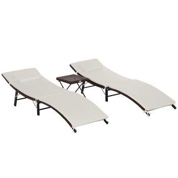 Outsunny Patio Chaise Set, Set Of 2 Folding Pool Lounge Chairs with Side Table, Outdoor PE Rattan Wicker, Cushion, Pillow for Beach, Beige