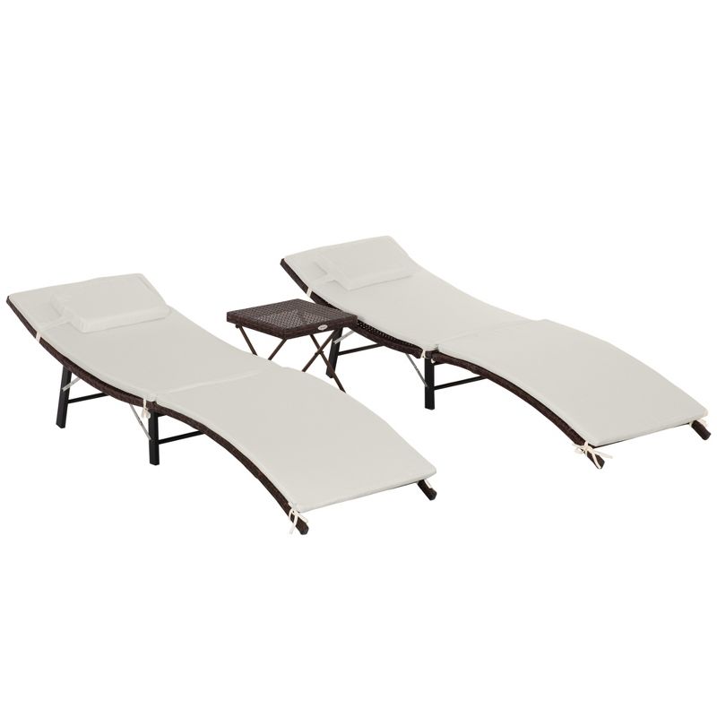 Outsunny Patio Chaise Set, Set Of 2 Folding Pool Lounge Chairs with Side Table, Outdoor PE Rattan Wicker, Cushion, Pillow for Beach, Beige, 1 of 9