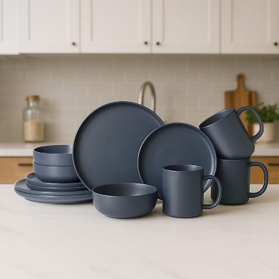 Stone cutlery set with mug | Microwave and dishwasher safe | Non toxic | Stackable matte glazed 3-person kitchen utensil, 12 piece set