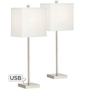 360 Lighting Franco Modern Table Lamps 26 1/2" High Set of 2 Brushed Nickel with USB Charging Ports White Square Shade for Bedroom Living Room Desk - 1 of 4