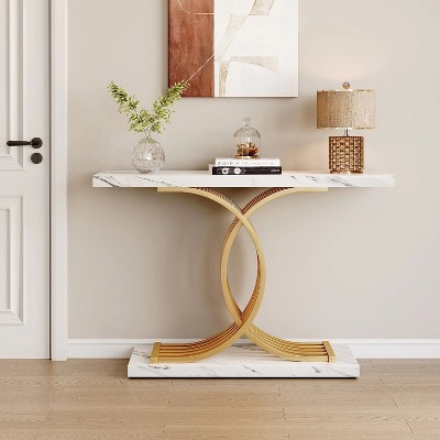 Luxurious White Faux Marble and Gold Metal Console Table with Storage