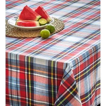 TAG Weekend Blue and Red Plaid Cotton Tablecloth, 84"L x 60"W
