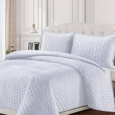 White Twin Velvet Honeycomb Stitch Quilt Set